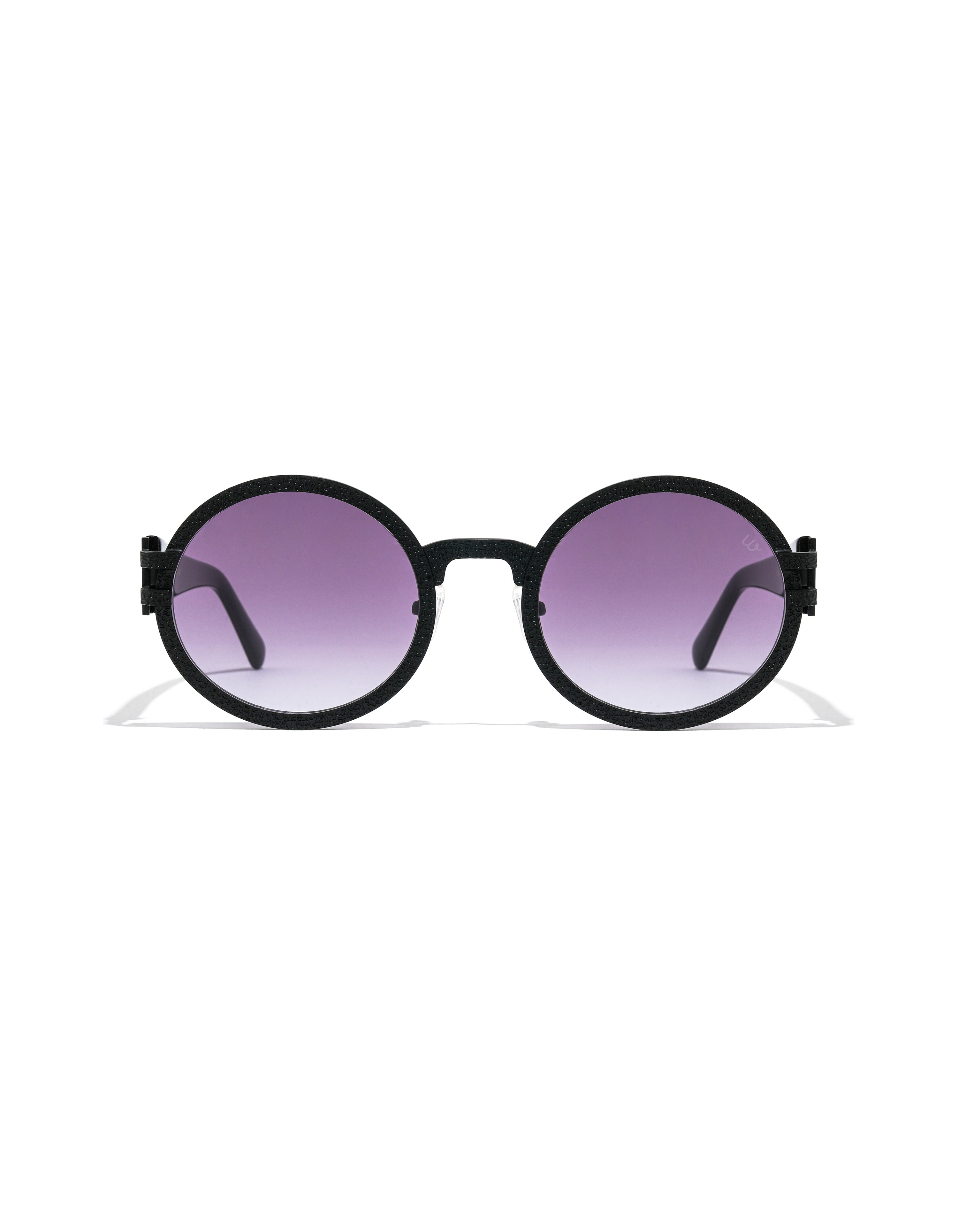 Round sunglasses with black frame and purple gradient lenses on a white background